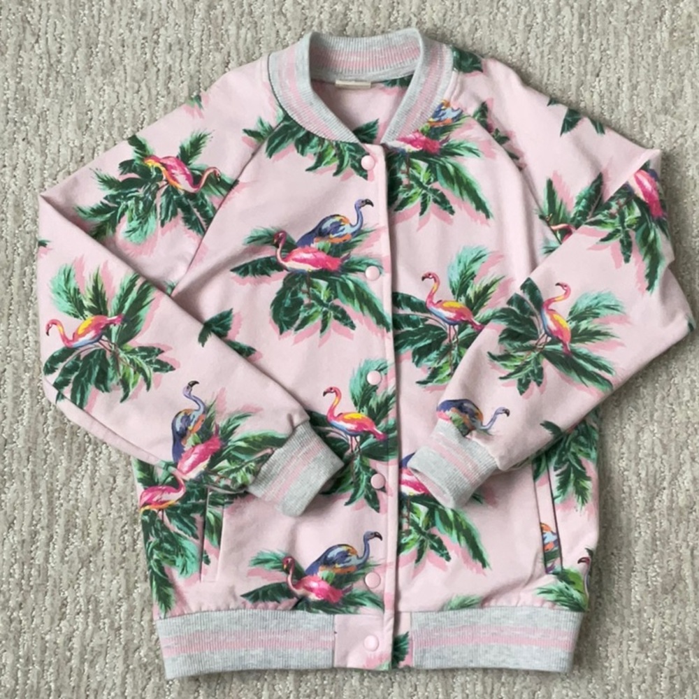 Zara Tropical Flamingo Bomber Jacket Girls Size 8 Retro Resort Pastel Streetwear